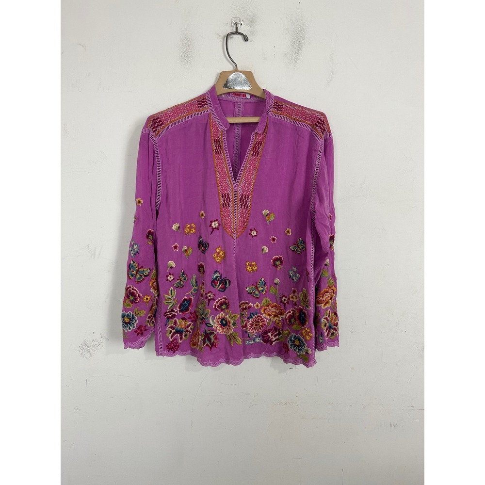 Johnny Was Purple Embroidered Butterfly Floral Cupra Rayon Tunic Blouse Small